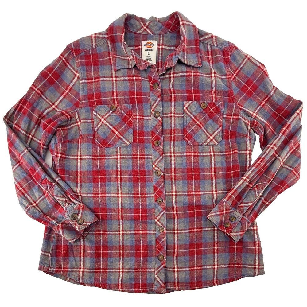 Dickies Womens Large Flannel Shirt Red Plaid Button Up Long Sleeve Work Casual